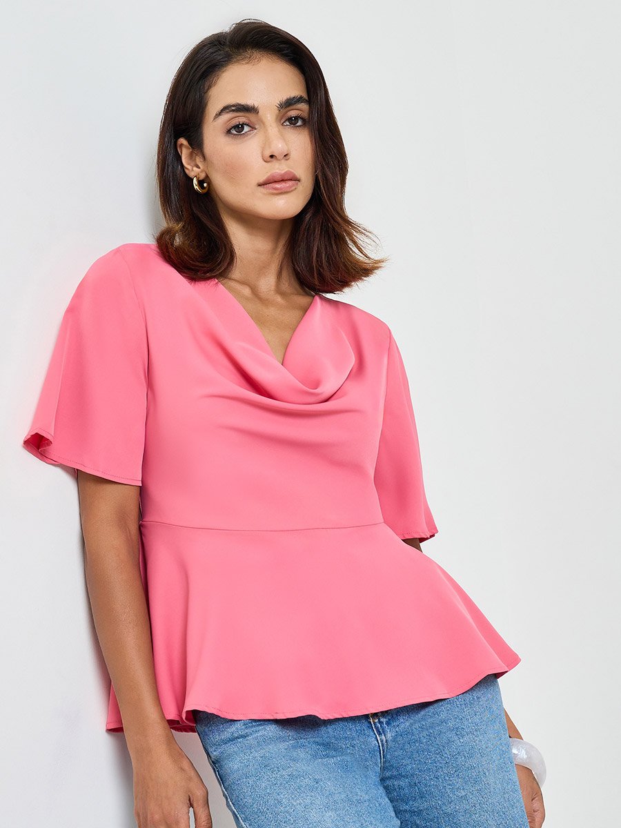 Neon Pink Cowl Neck Short Sleeve Peplum Top