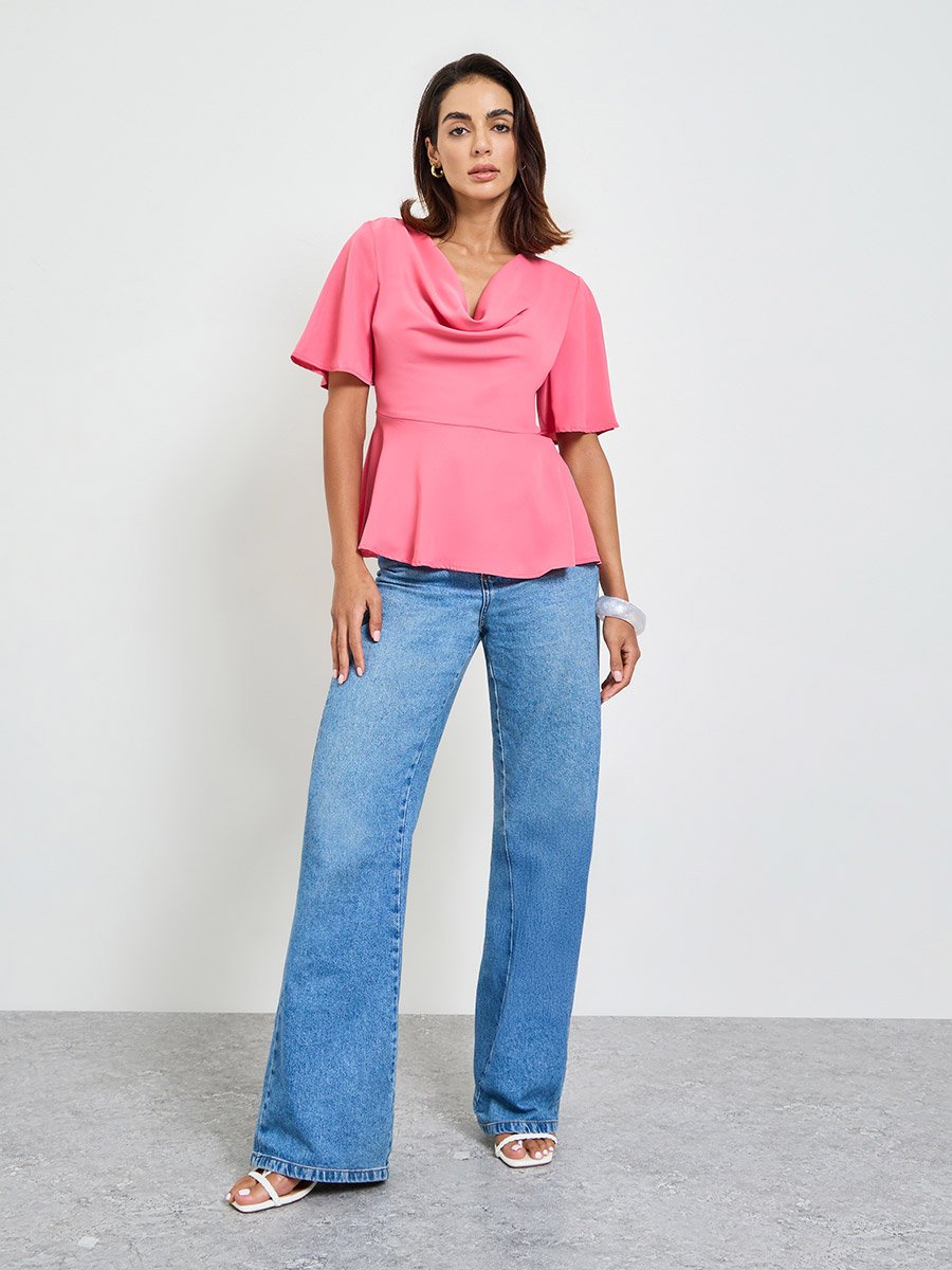 Neon Pink Cowl Neck Short Sleeve Peplum Top