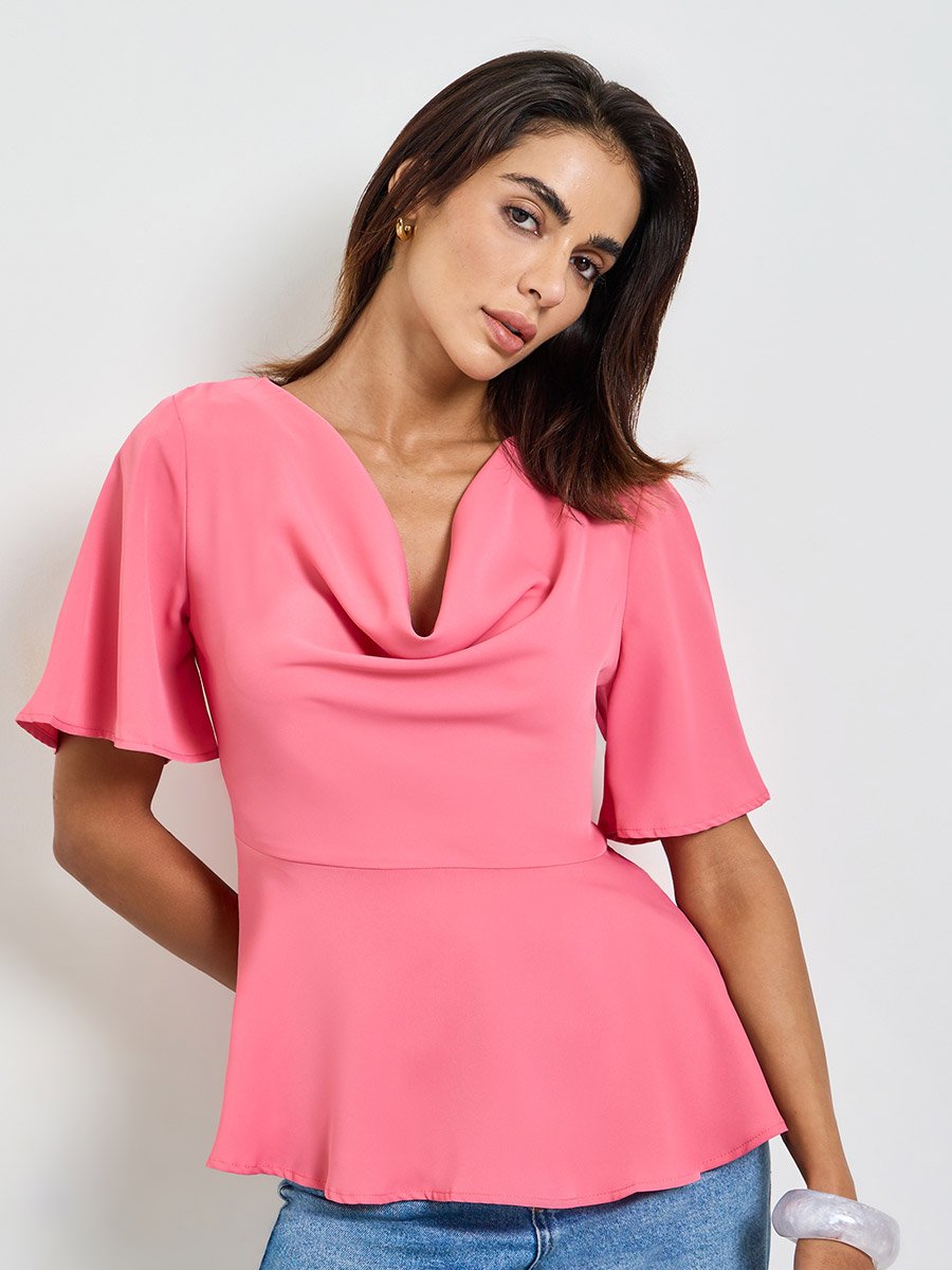 Neon Pink Cowl Neck Short Sleeve Peplum Top