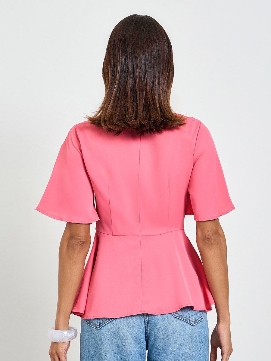 Neon Pink Cowl Neck Short Sleeve Peplum Top