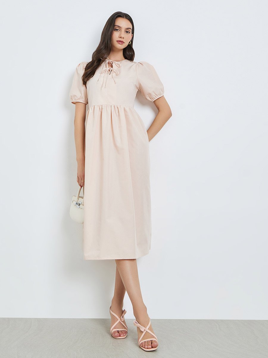 Beige Tie-Up Neck Midi Dress with Puff Sleeves