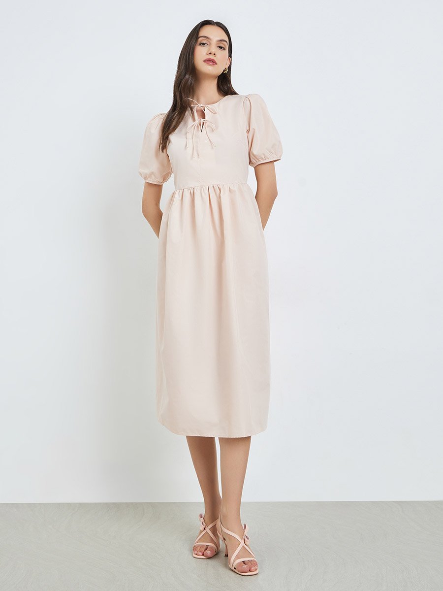 Beige Tie-Up Neck Midi Dress with Puff Sleeves