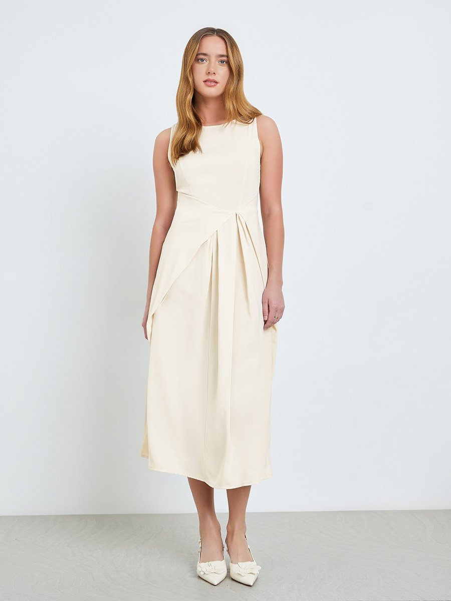 Cream Sleeveless Midi Dress with Fold Pleat