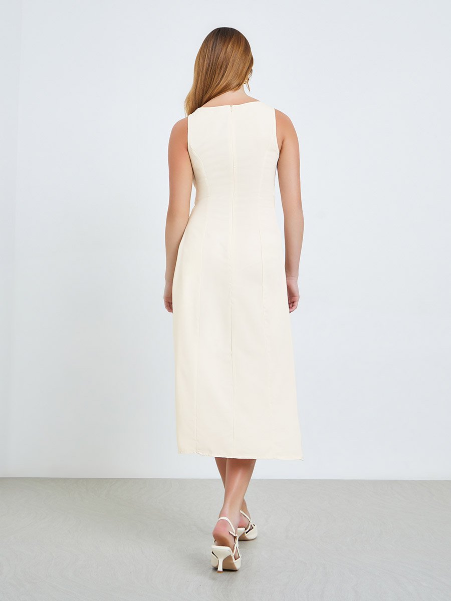 Cream Sleeveless Midi Dress with Fold Pleat