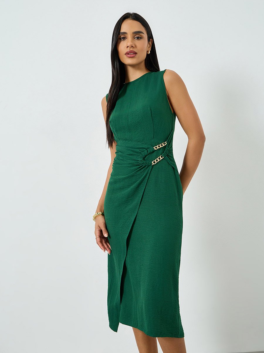 Dark Green  Wrap Front Chain Detail Midi Dress