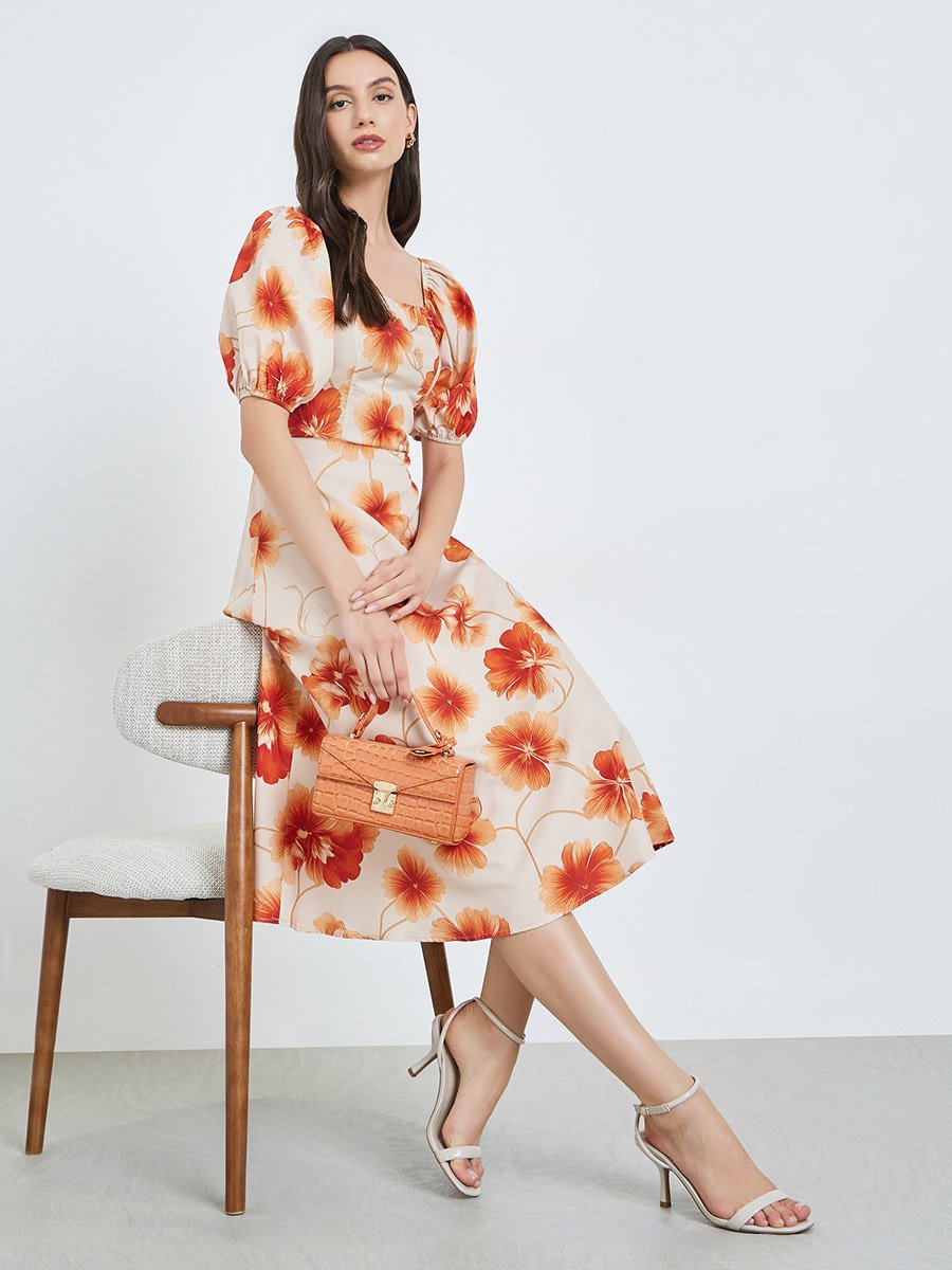 Beige Floral Midi Dress with Puff Sleeves