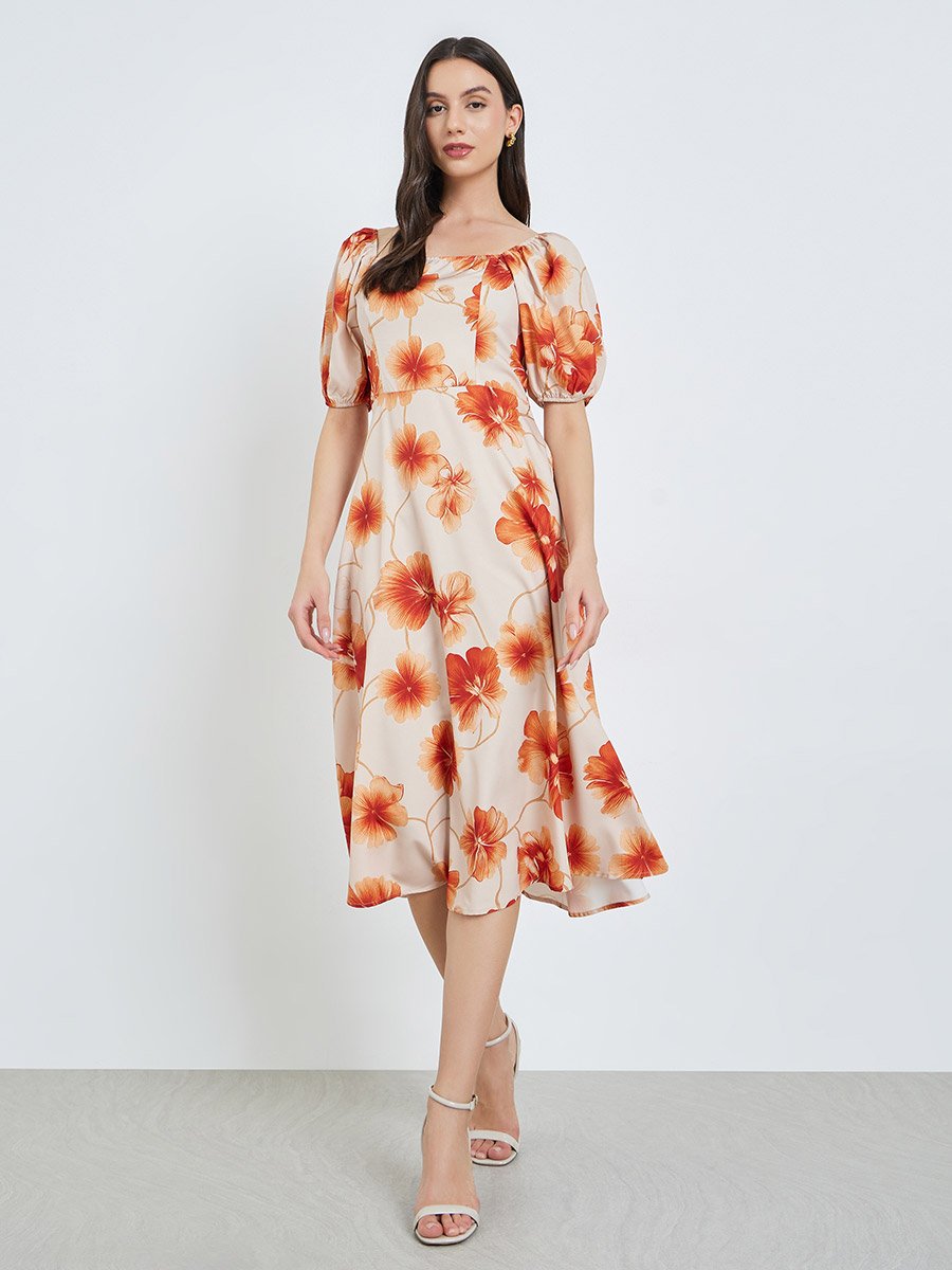 Beige Floral Midi Dress with Puff Sleeves