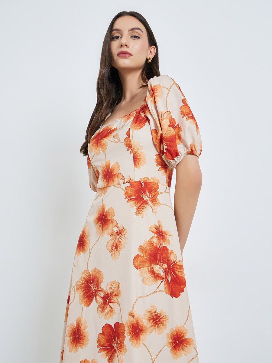 Beige Floral Midi Dress with Puff Sleeves