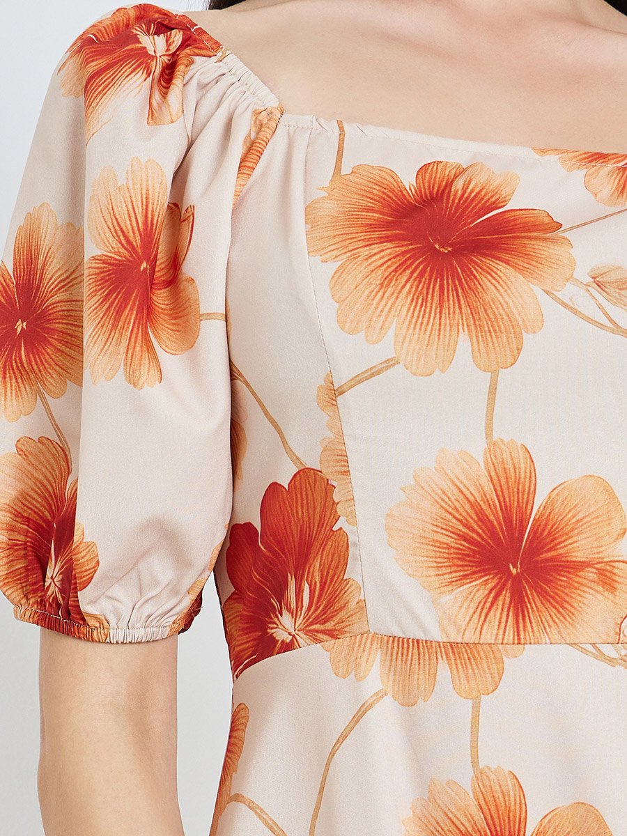 Beige Floral Midi Dress with Puff Sleeves