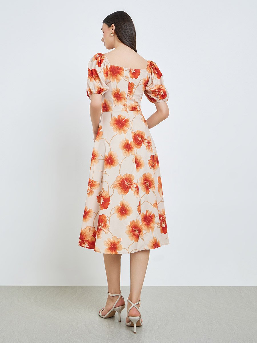 Beige Floral Midi Dress with Puff Sleeves