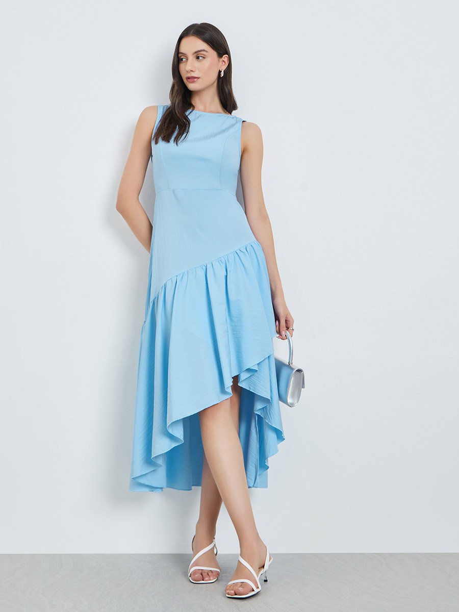 Blue Sleeveless Ruffle Hem Midi Dress