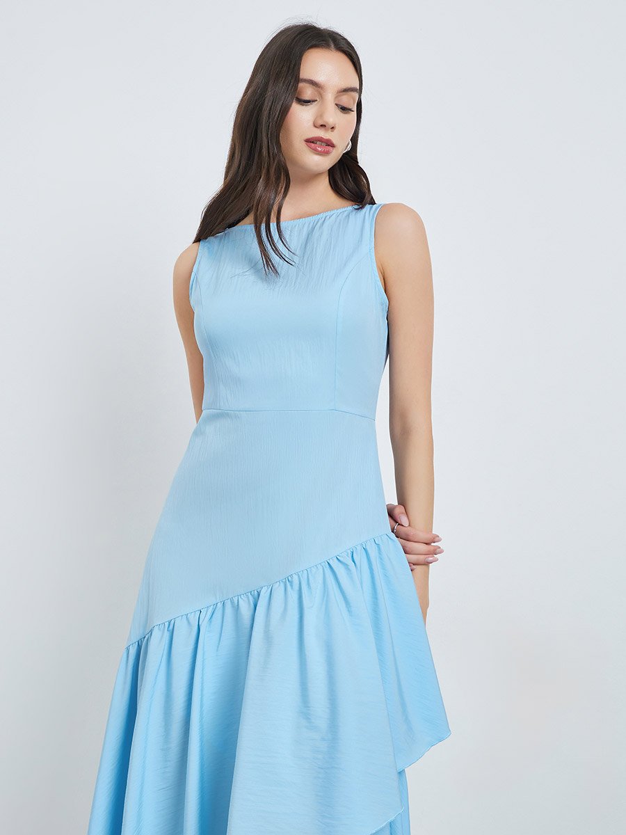 Blue Sleeveless Ruffle Hem Midi Dress