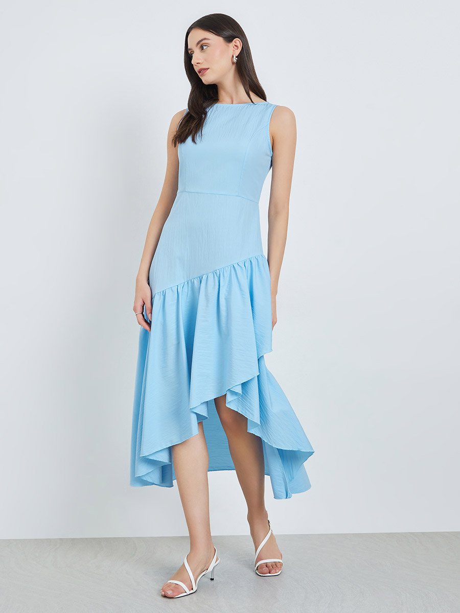 Blue Sleeveless Ruffle Hem Midi Dress