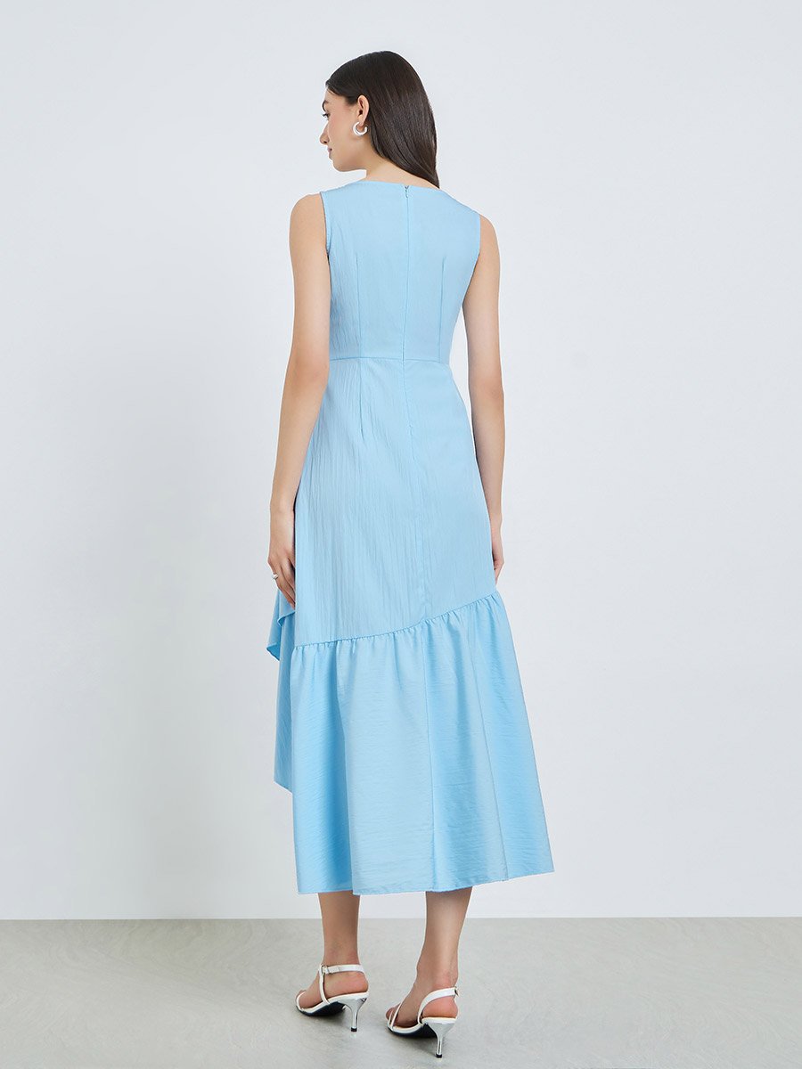 Blue Sleeveless Ruffle Hem Midi Dress