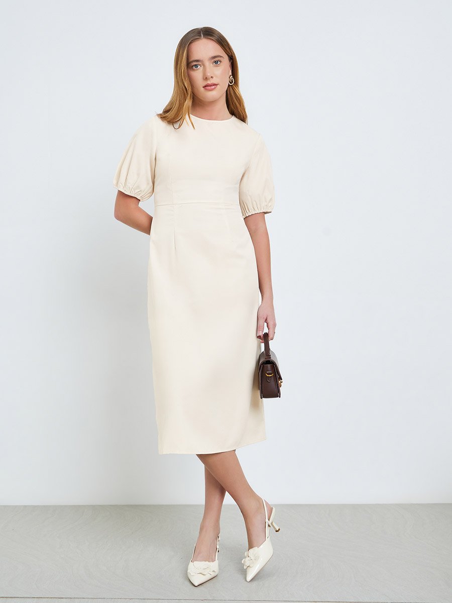 Beige Solid Midi Dress with Puff Sleeves