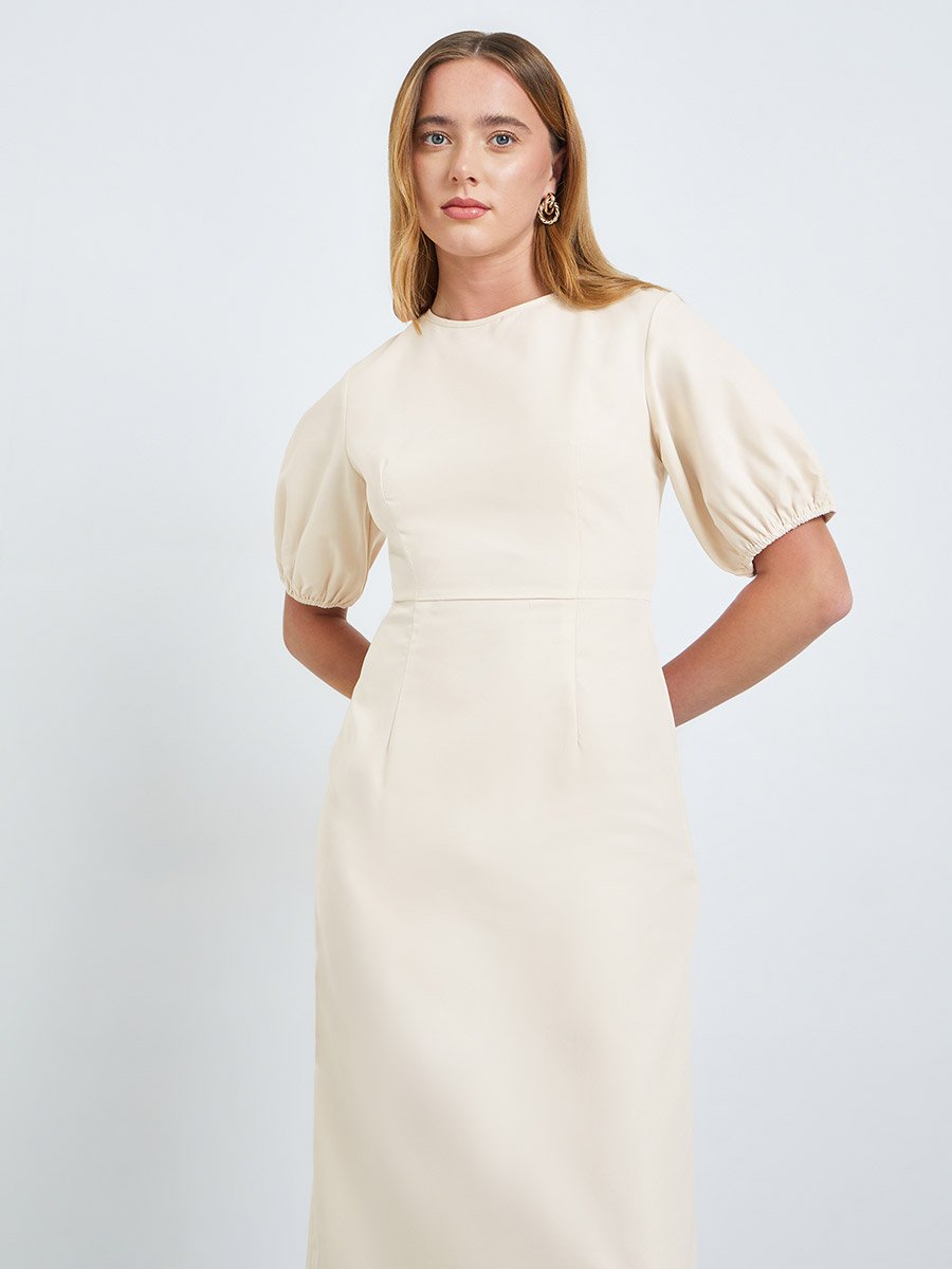 Beige Solid Midi Dress with Puff Sleeves