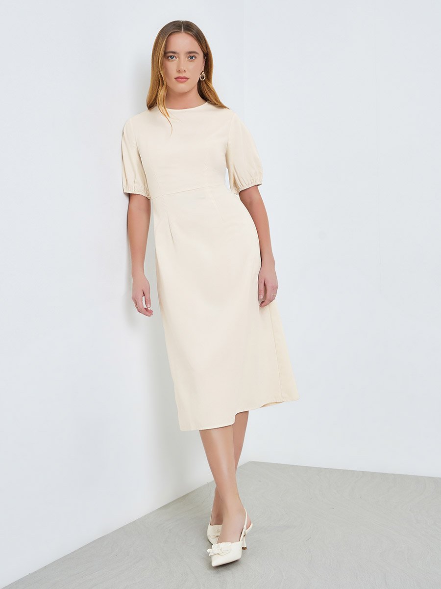 Beige Solid Midi Dress with Puff Sleeves