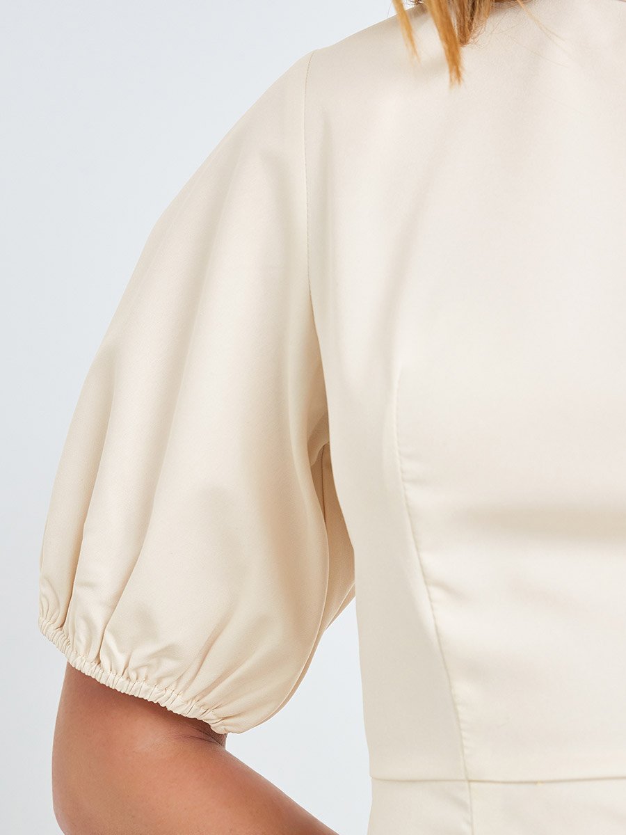 Beige Solid Midi Dress with Puff Sleeves