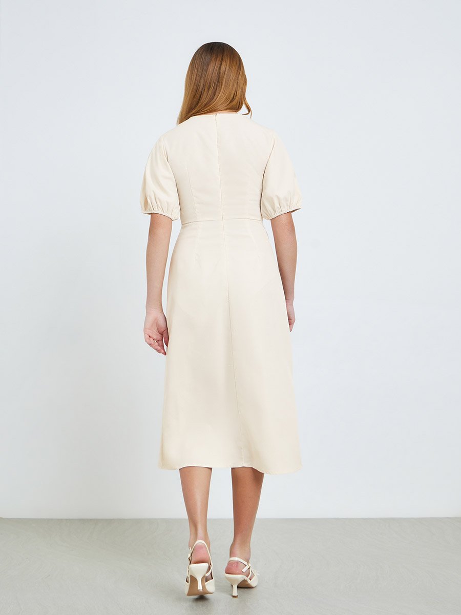 Beige Solid Midi Dress with Puff Sleeves