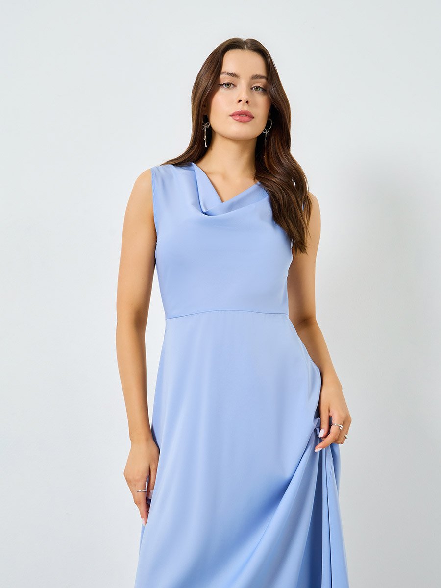 Blue Solid Cowl Neck Maxi Dress