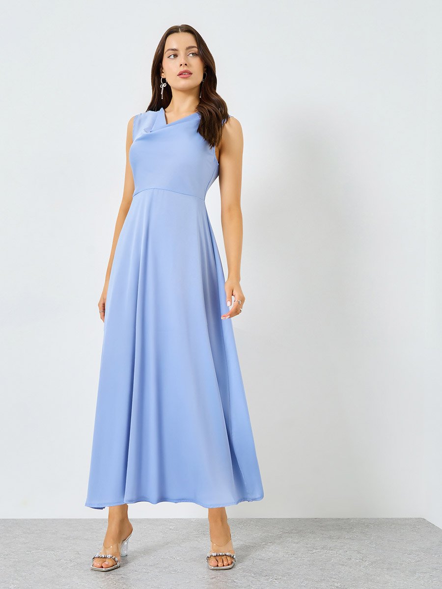 Blue Solid Cowl Neck Maxi Dress