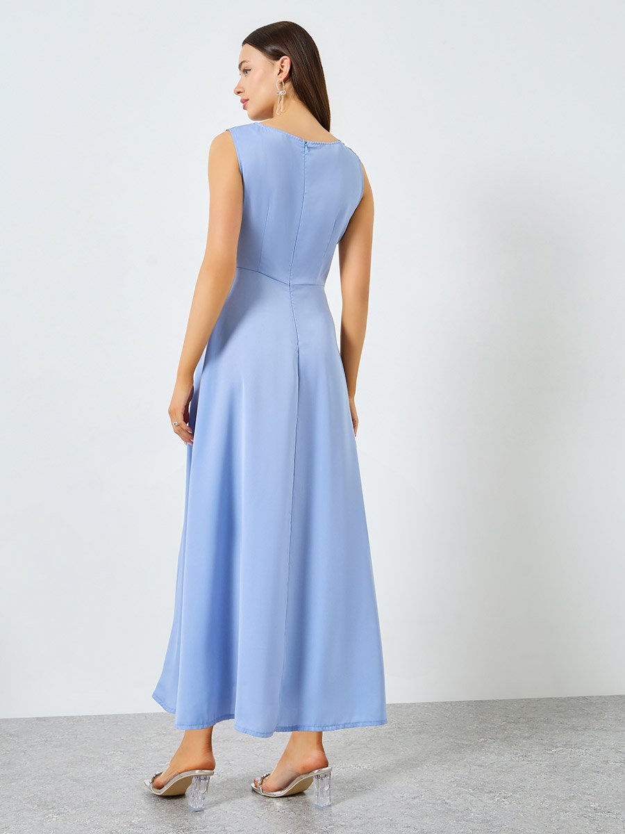 Blue Solid Cowl Neck Maxi Dress