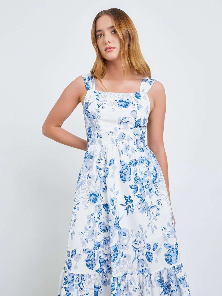 Blue Floral Square Neck Cami Midi Dress
