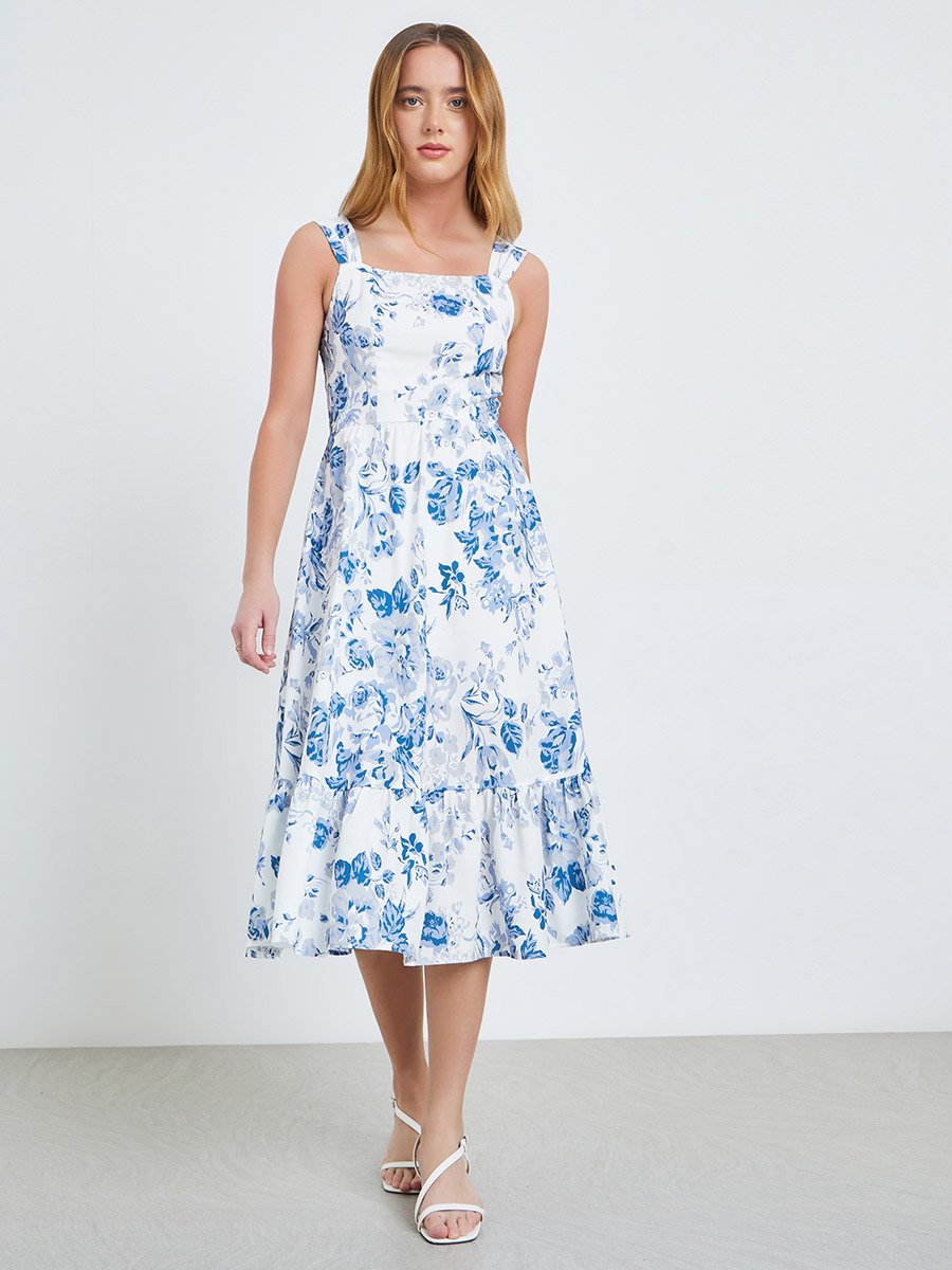 Blue Floral Square Neck Cami Midi Dress
