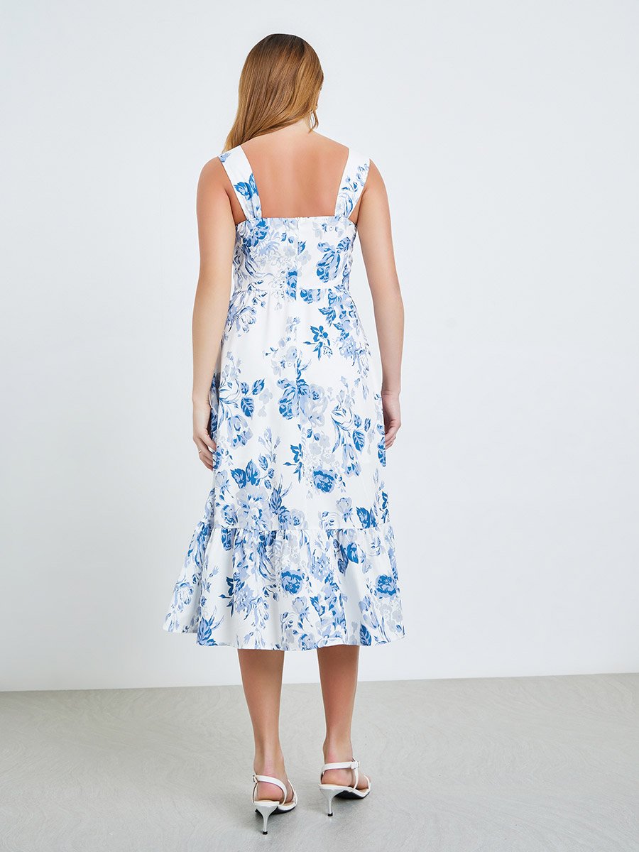 Blue Floral Square Neck Cami Midi Dress