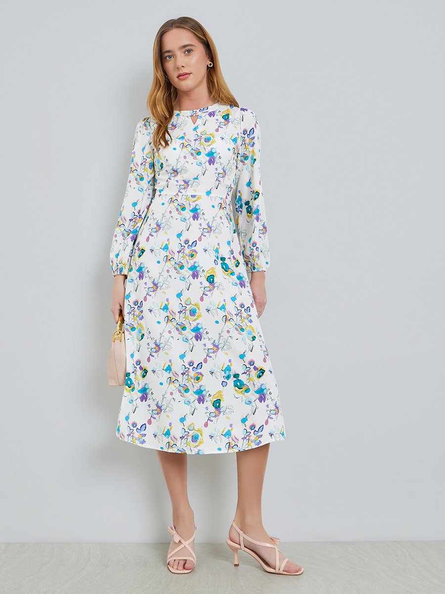 White All Over Print Keyhole Neck Midi Dress