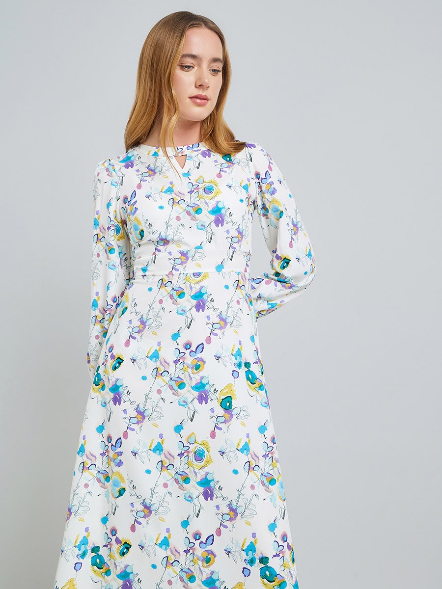 White All Over Print Keyhole Neck Midi Dress