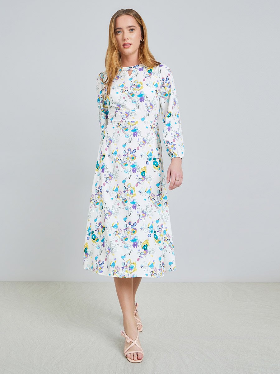 White All Over Print Keyhole Neck Midi Dress