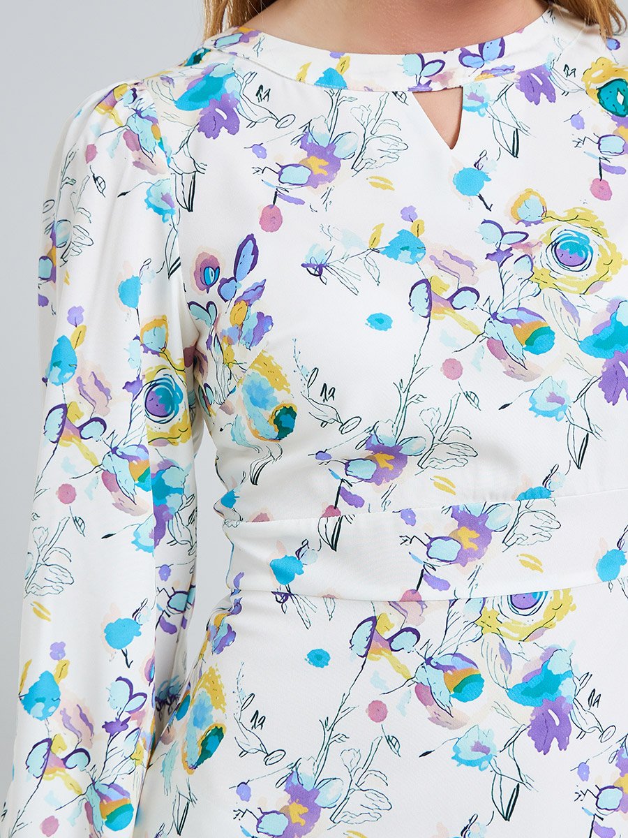 White All Over Print Keyhole Neck Midi Dress