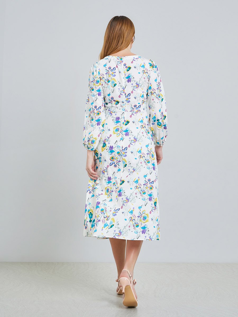 White All Over Print Keyhole Neck Midi Dress