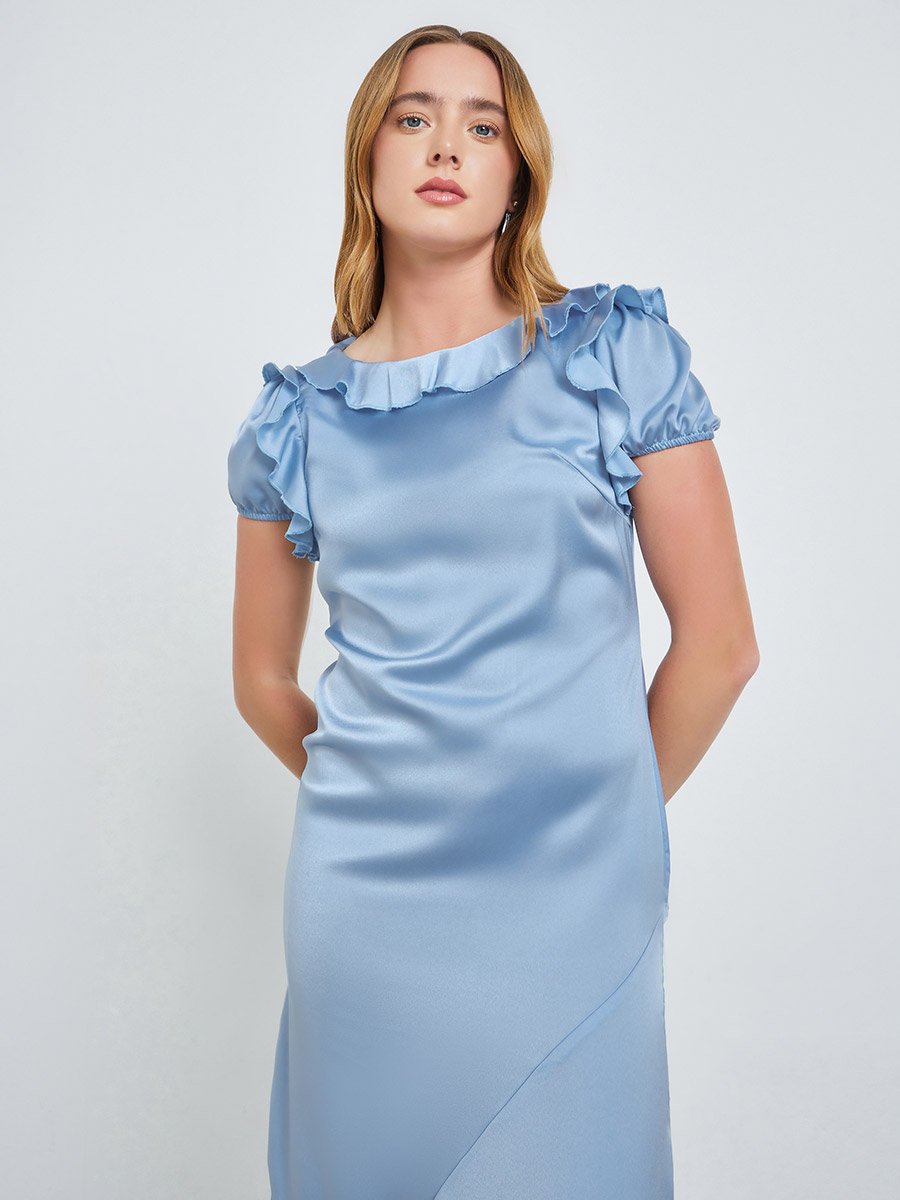 Blue Satin Midi Dress with Ruffle Detail