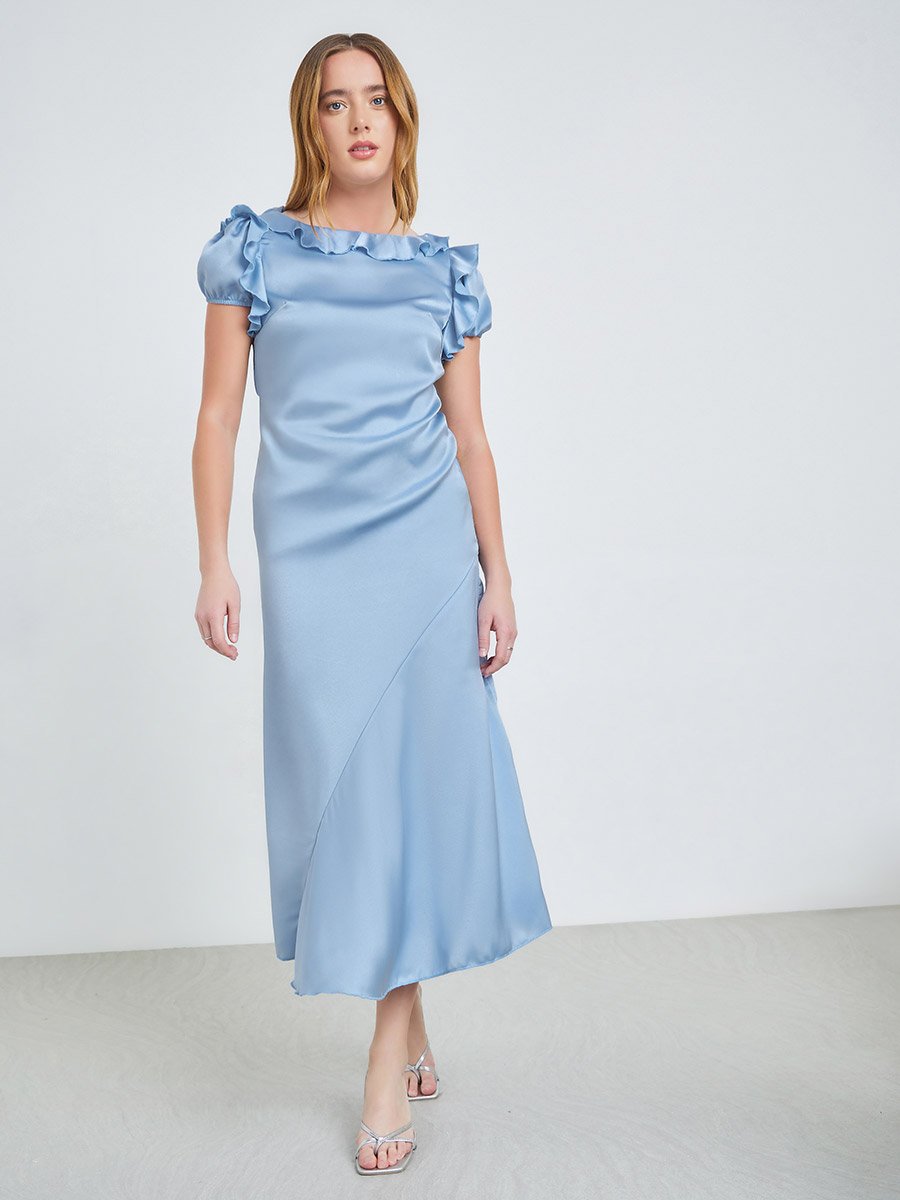 Blue Satin Midi Dress with Ruffle Detail