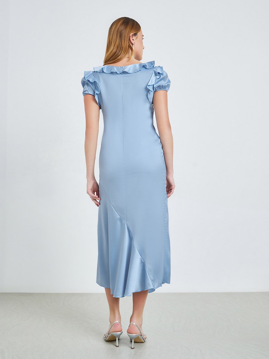 Blue Satin Midi Dress with Ruffle Detail