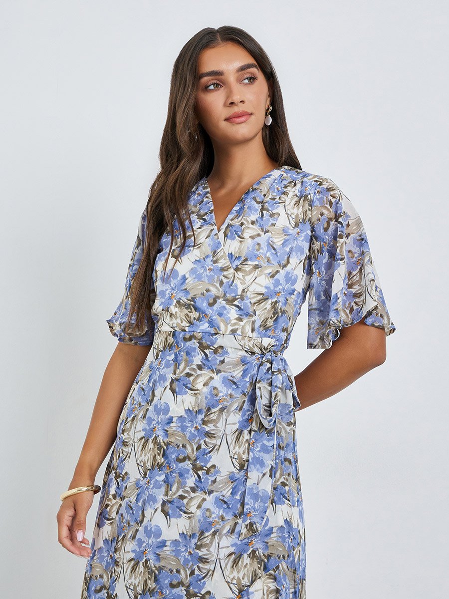 Blue Floral Maxi Wrap Dress