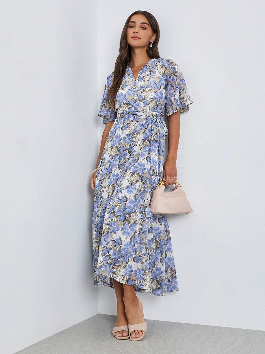 Blue Floral Maxi Wrap Dress