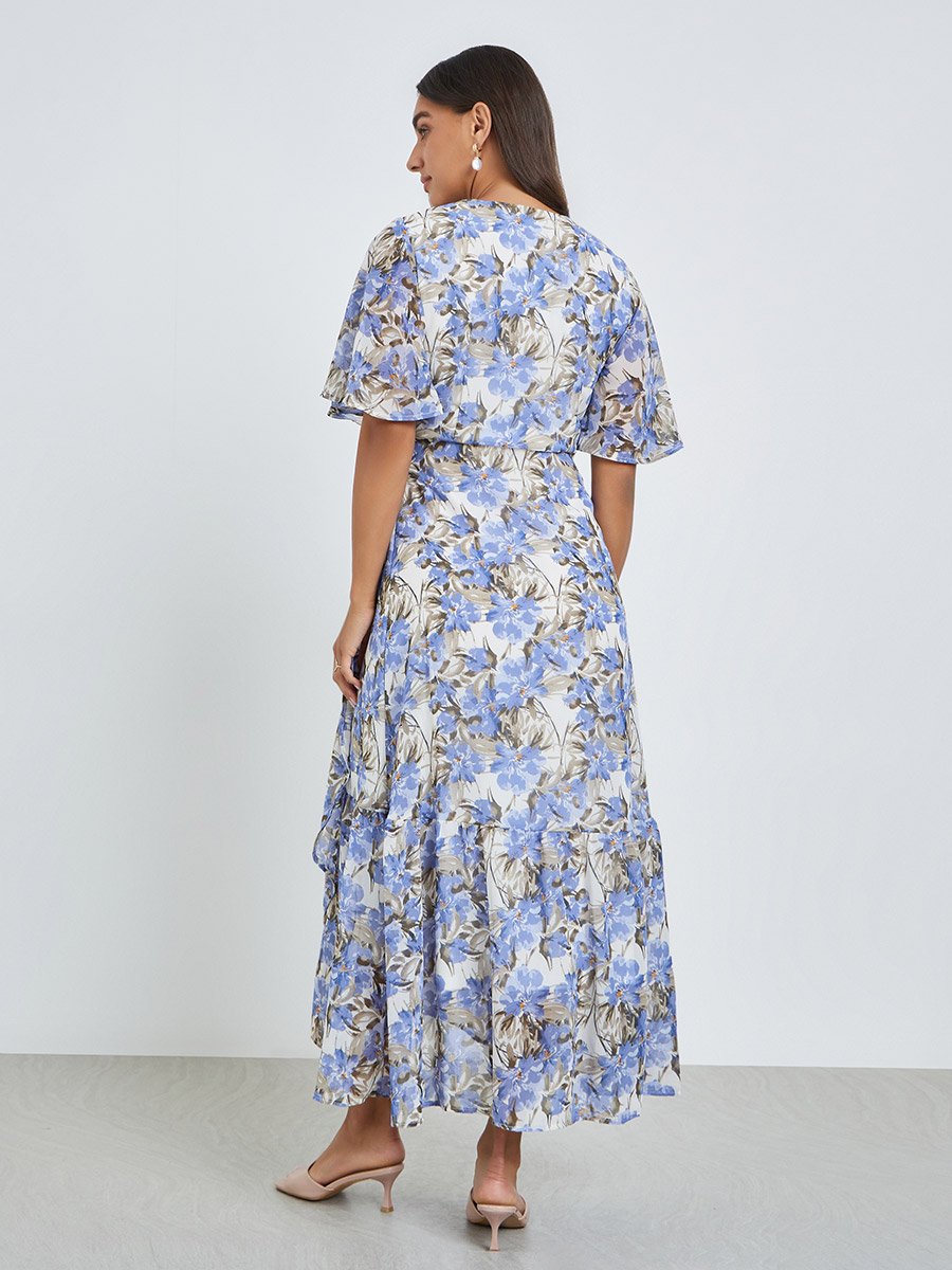 Blue Floral Maxi Wrap Dress