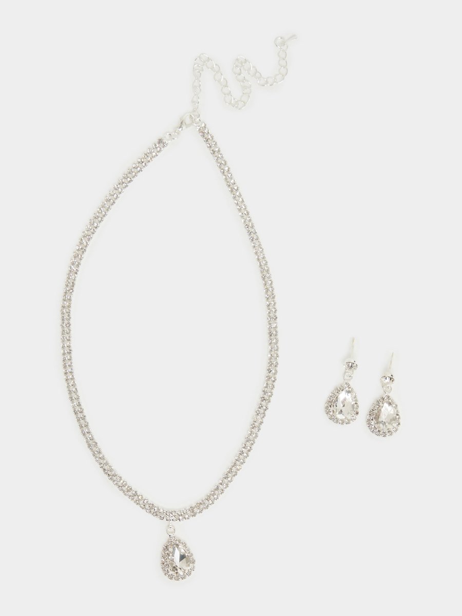 Silver Crystal Pendant Necklace and Earrings Jewelry Set