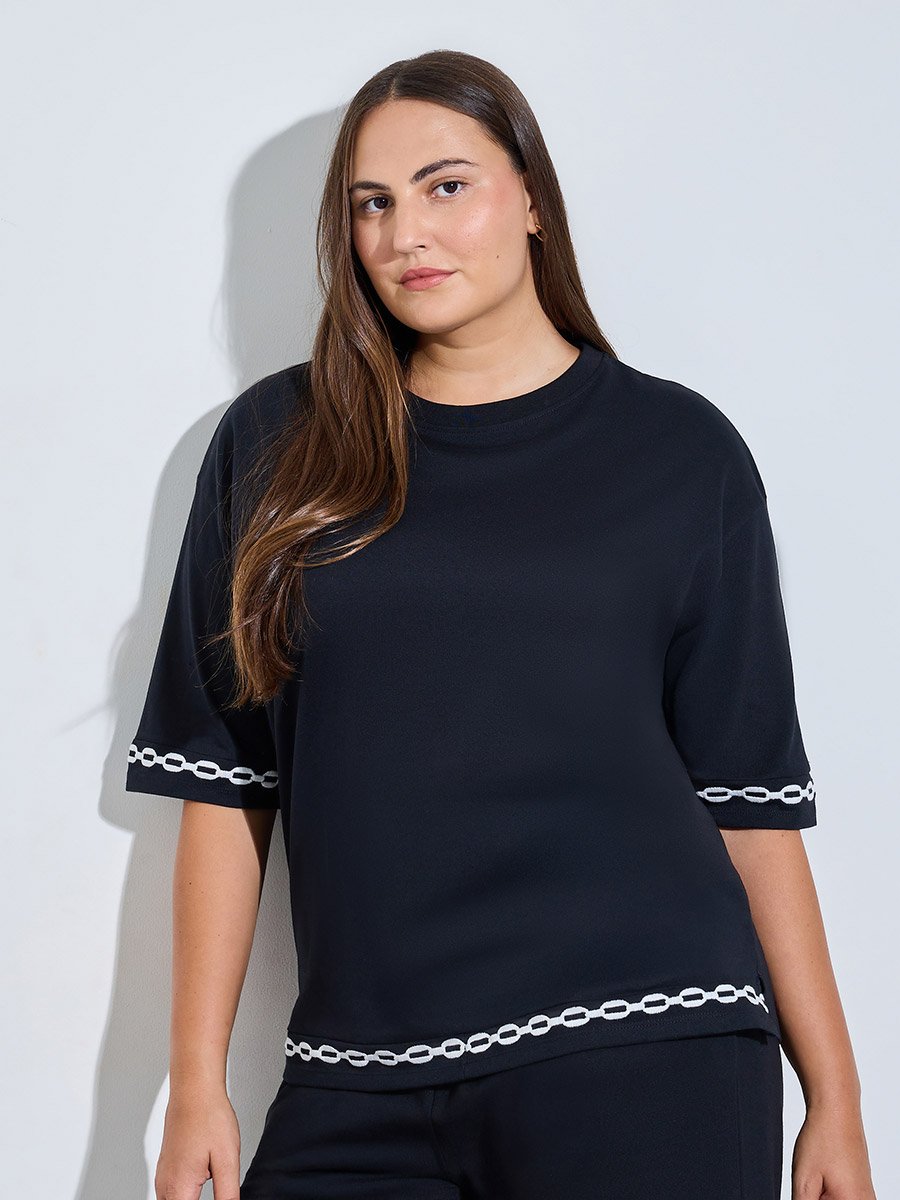 Plus Size Black Contrast Embroidery T-Shirt