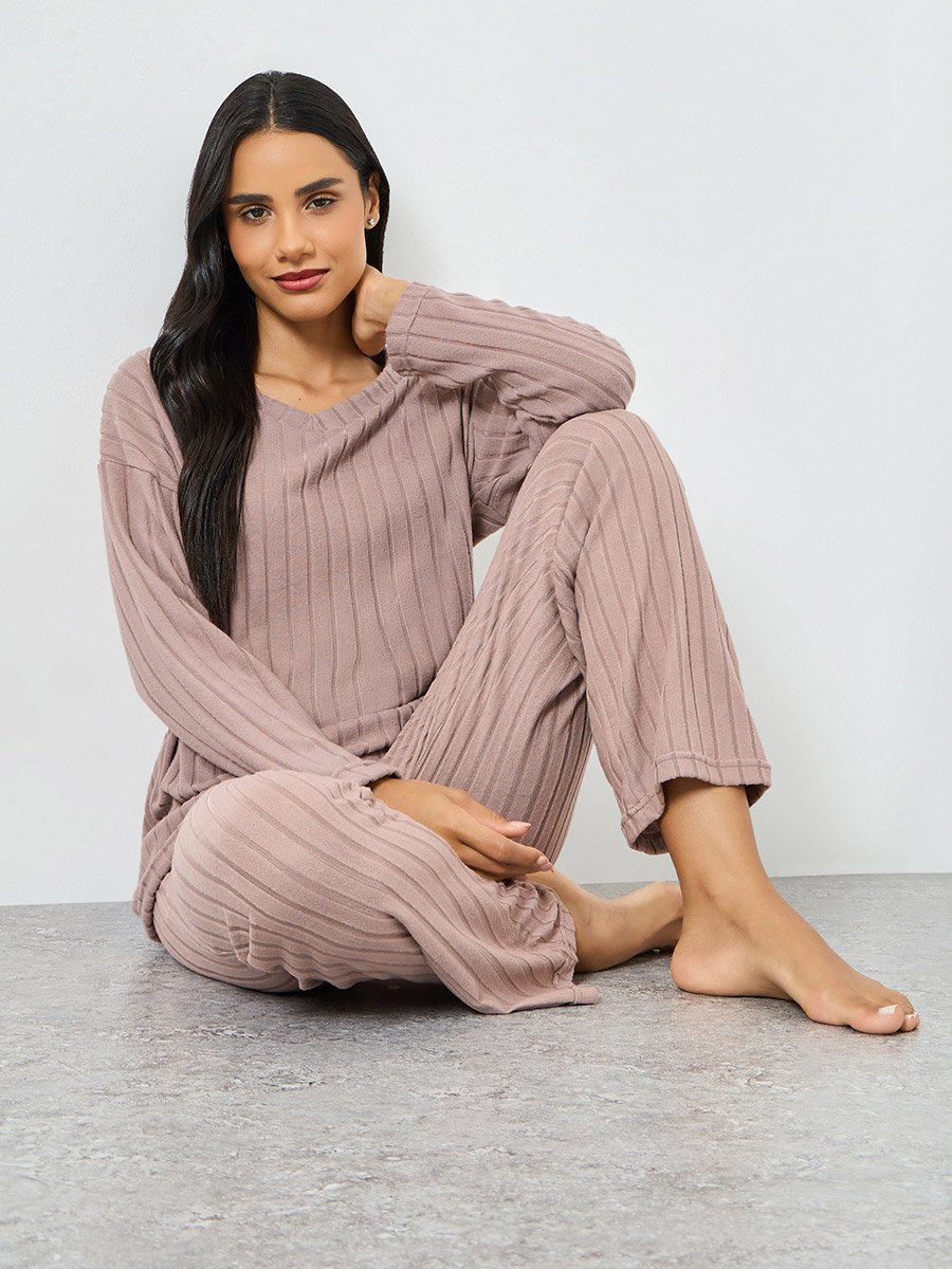 Pink Long Sleeve Ribbed Top and Pyjama Set