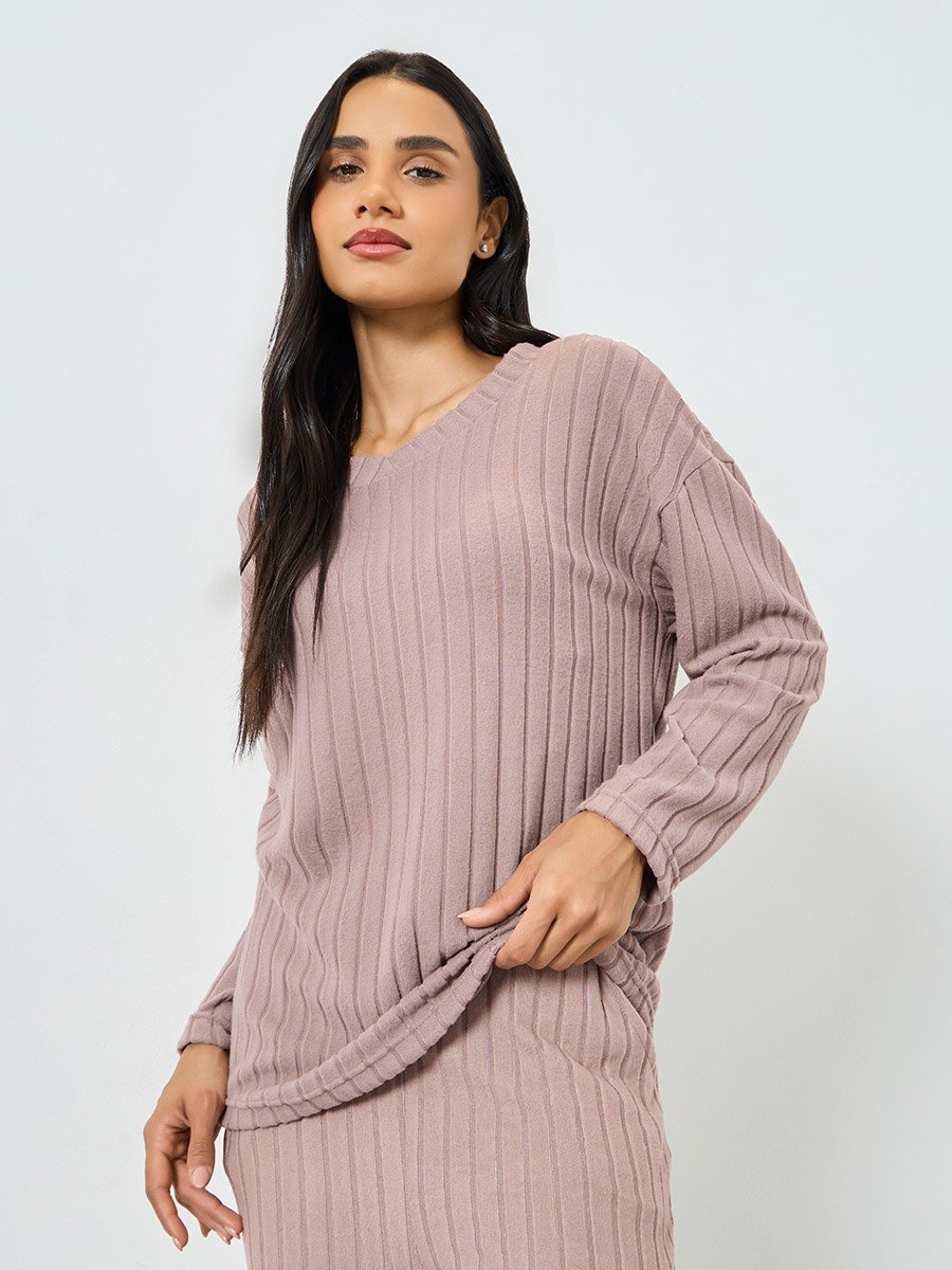 Pink Long Sleeve Ribbed Top and Pyjama Set