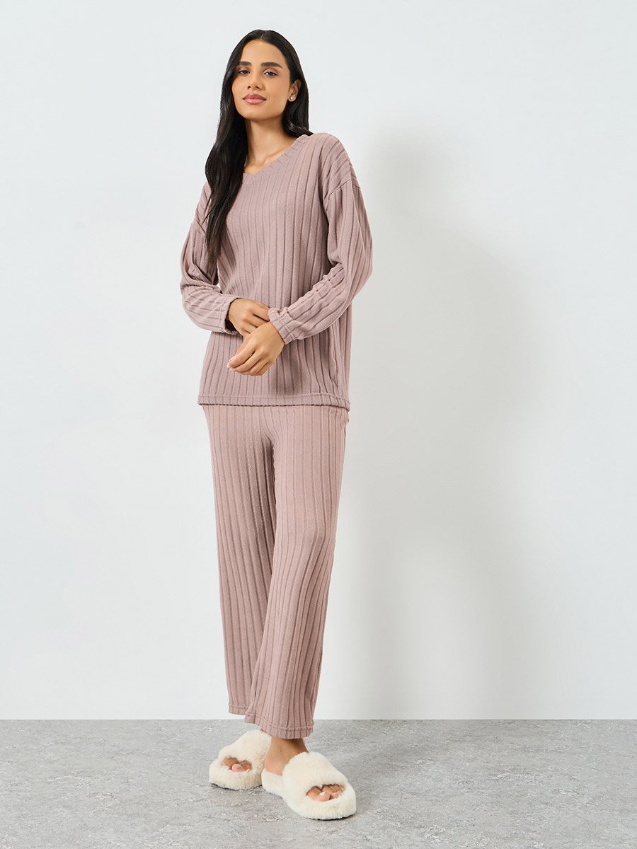Pink Long Sleeve Ribbed Top and Pyjama Set