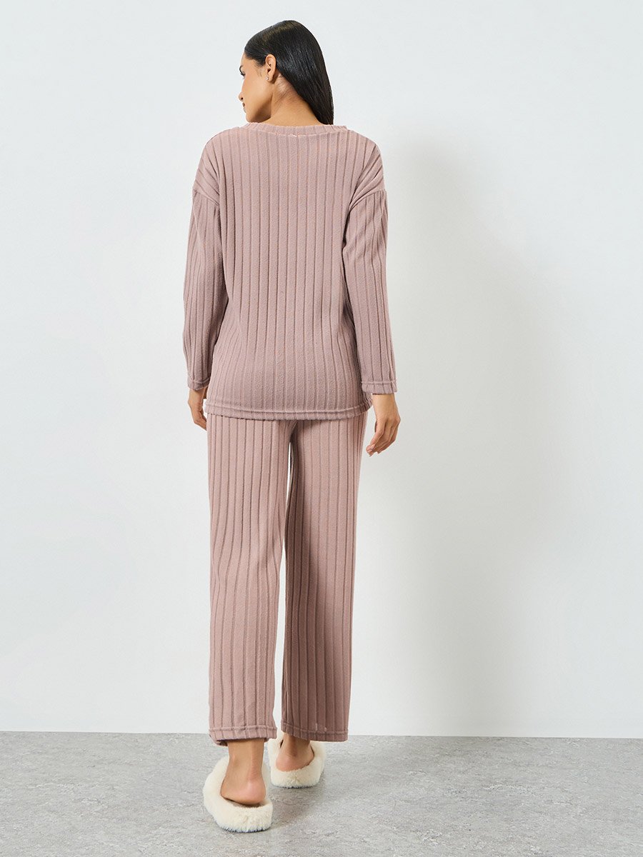 Pink Long Sleeve Ribbed Top and Pyjama Set