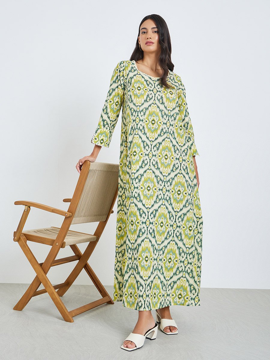 Yellow Printed Square Neck A-Line Jalabiya