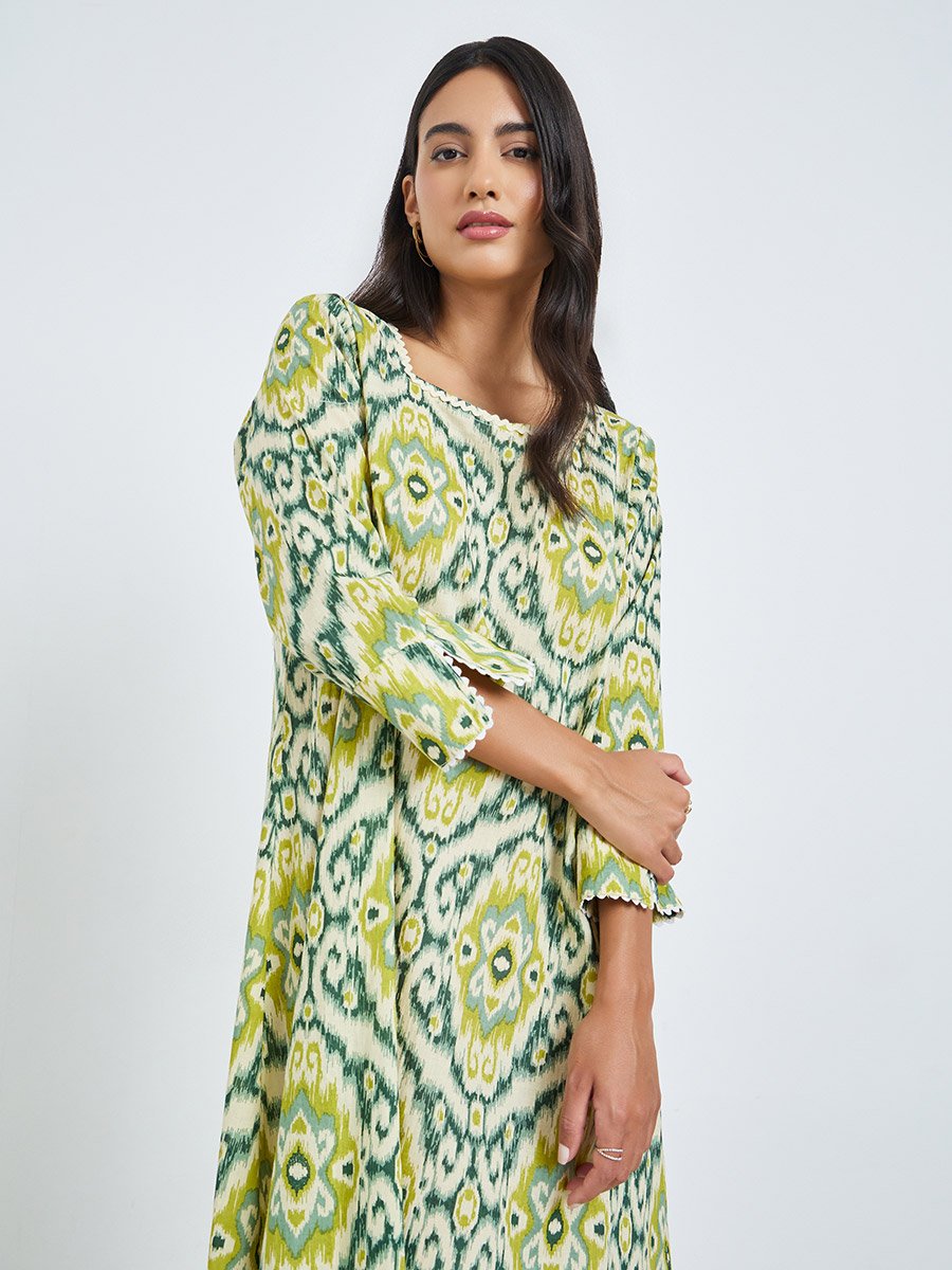 Yellow Printed Square Neck A-Line Jalabiya