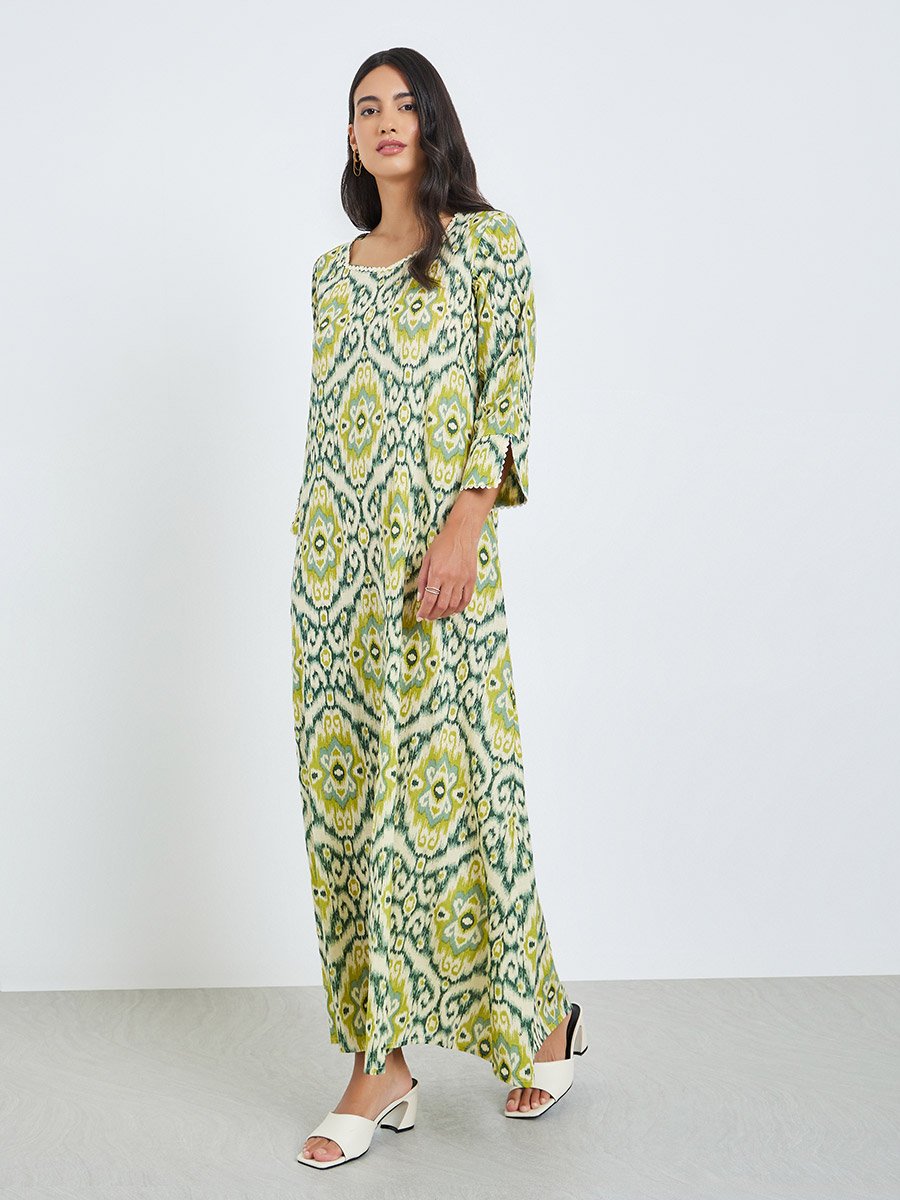 Yellow Printed Square Neck A-Line Jalabiya
