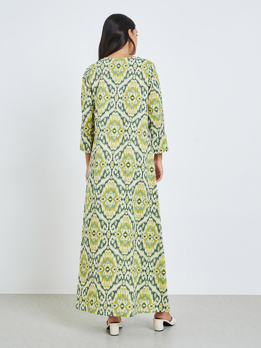 Yellow Printed Square Neck A-Line Jalabiya